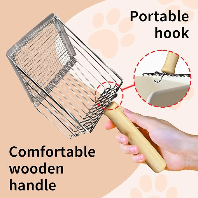 Cat Litter Scoop, Premium Kitty Shovel with Hook and Hole, Metal Sifter Scooper Stainless Steel for Easy Cleaning, Durable and Heavy Duty, Odor-Free for Litter Box (Only Scoop)