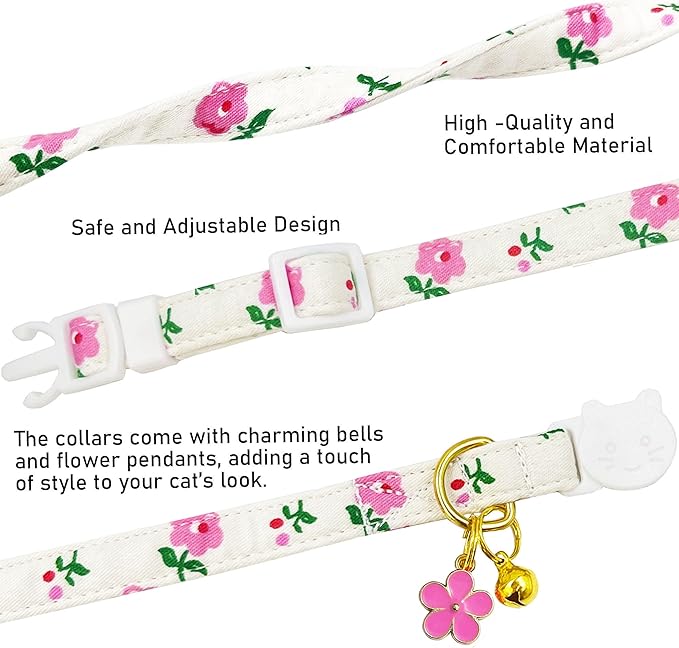 2 Pack Cotton Breakaway Cat Collars Set with Bell and Flower Pendant, Cute Floral Fruit Patterned, Adjustable 7.5-11Inch, Include A Mouse Toy Gift (Heart Cherry)