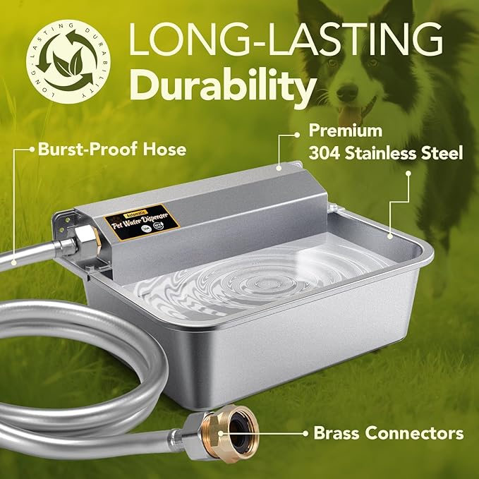 Automatic Water Dispenser for Dogs 2 Gallons, 304 Stainless Steel Dog Water Bowl Dispenser for Farm Chicken Pets Indoor&Outdoor Dog Waterer Feeder Fit 3/4'' GHT Faucet Auto Filling Wide Drinking Area