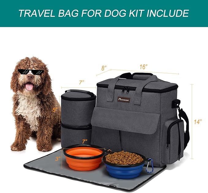 Modoker Airline Approved Pet Travel Bag, Weekend Dog Travel Set for Dog and Cat, Airline Approved Tote Organizer with Multi-Function Pockets 2 Food Storage Containers, 2 Collapsible Bowls (Dark Gray)