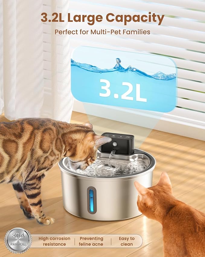 Wireless Cat Water Fountain Stainless Steel - 3.2L/108oz Cordless Pet Water Fountain Battery Operated Cat Water Dispenser Ultra Silent Rechargeable Water Fountains for Cats and Dogs