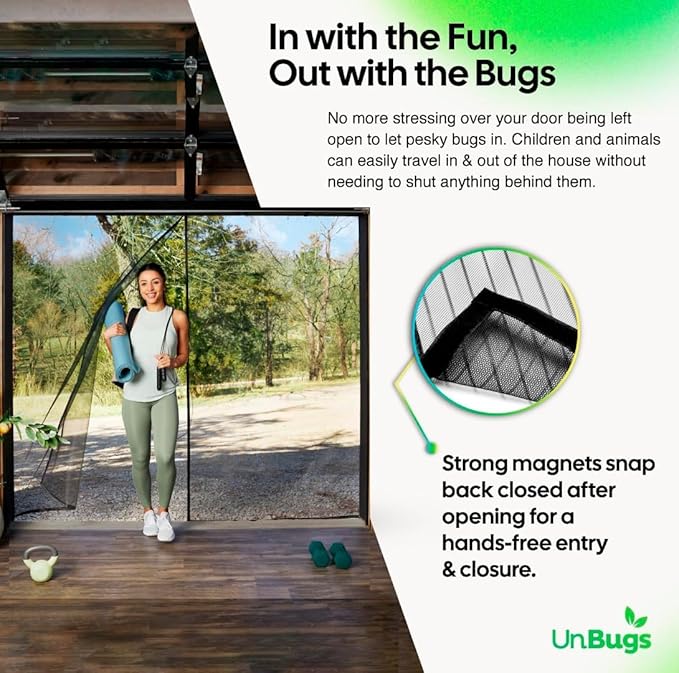 UnBugs Garage Screen Doors for 1 Car Garage - Fits Single Garage Doors up to 9 Feet Wide x 7 Feet Tall MAX - Pet & Kid Friendly, Self-Closing - Hands Free Magnet Closure Keeps Bugs Out & Breeze in