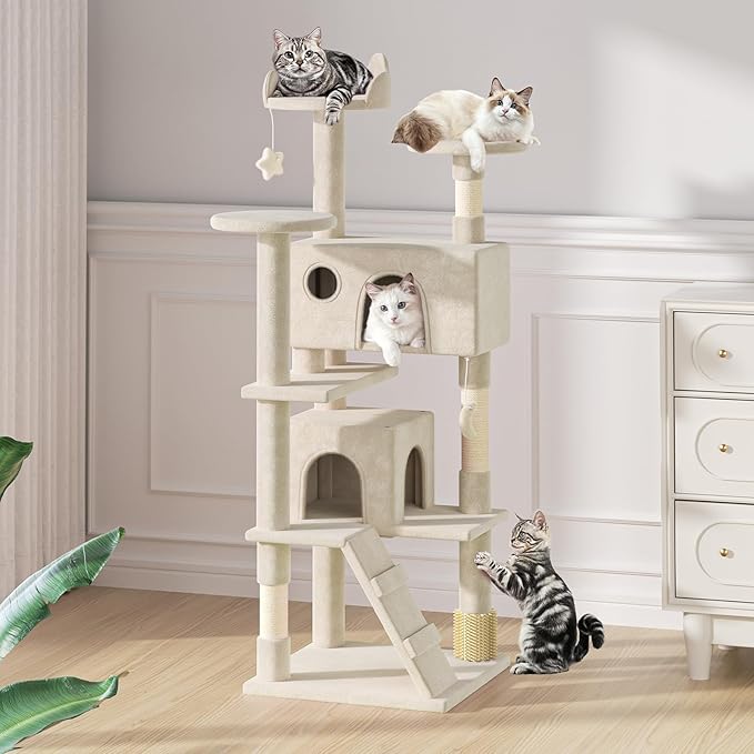 MoNiBloom 60 Inch Cat Tree Tower for Indoor Cats Large Adults, Cat Tower with Scratching Post, Multi-Level Furniture Activity Center with Cat Condo Pet Play House, Beige