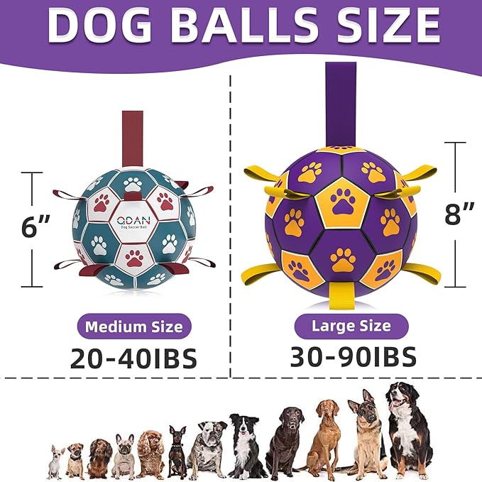 QDAN Dog Ropes Toys, Soccer Ball with Straps, Interactive Dog Toys for Tug of War, Dog Water Toy, Durable Balls for Medium Large Dogs（8 Inch）
