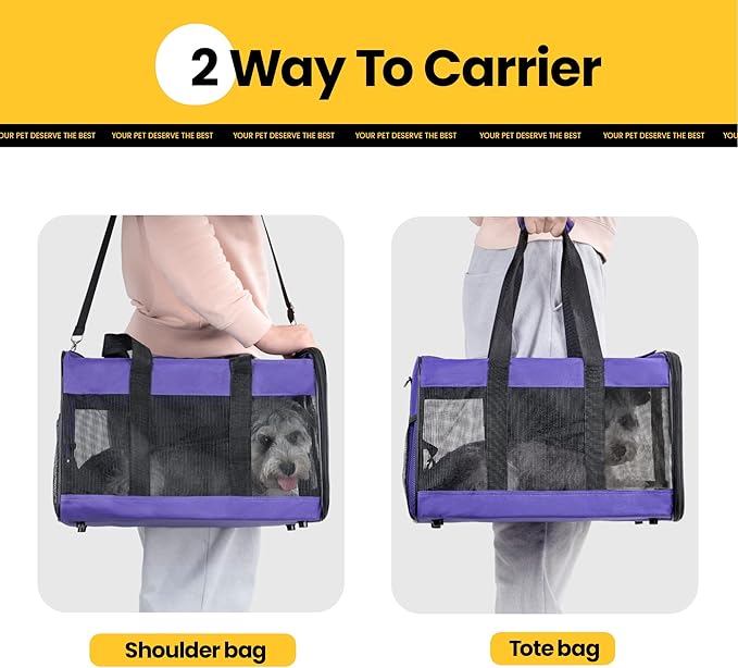 Cat Carrier Airline Approved, Soft-Sided Dog Carrier with Inner Safety Leash, Pet Transport Carrier for Small-Medium Cats Puppies up to 15 Lbs, Collapsible Travel Kitten Carrier Bag -Purple M