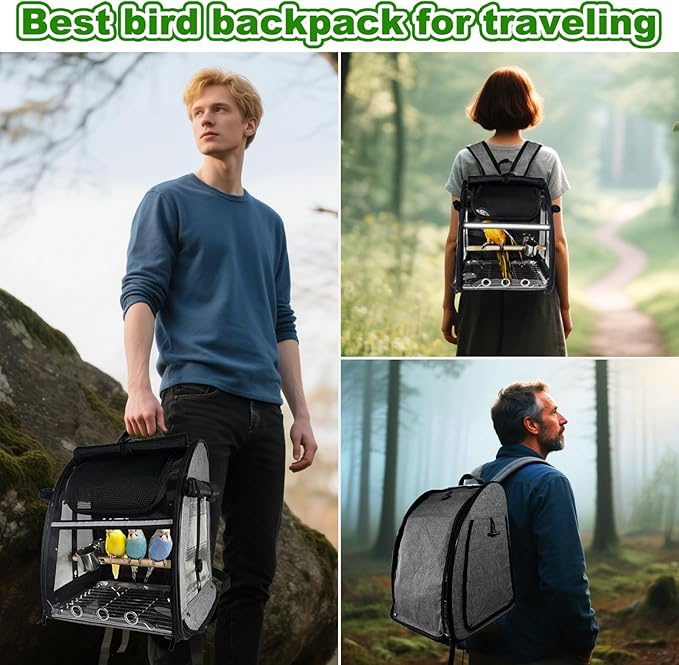 Bird Carrier Bag, Bird Travel Cage with Standing Perch and Indestructible Stainless Steel Mesh, Protable Transparent Breathable Carrier with Feeder Cups for Small Birds Parrot Parakeet, Grey