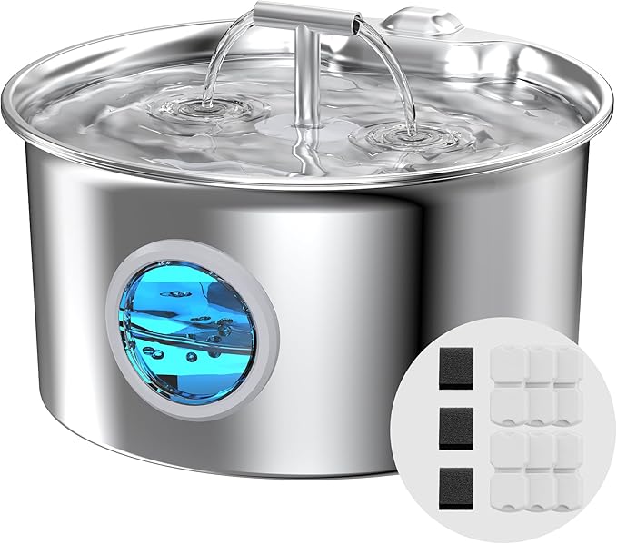 Cat Water Fountain Stainless Steel: Cat Fountain for Drinking with Filter - Pet Water Fountain for Cats Indoor - Automatic Pet Water Dispenser Bowl - 6 Carbon Filters & 3 Foam Filters