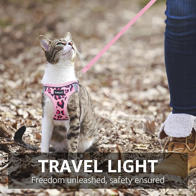 SCENEREAL Cat Harness & Leash Set Escape Proof - Adjustable Air Mesh Vest with Reflective Strips for Kittens, Puppies, Rabbits, Pink Leopard S