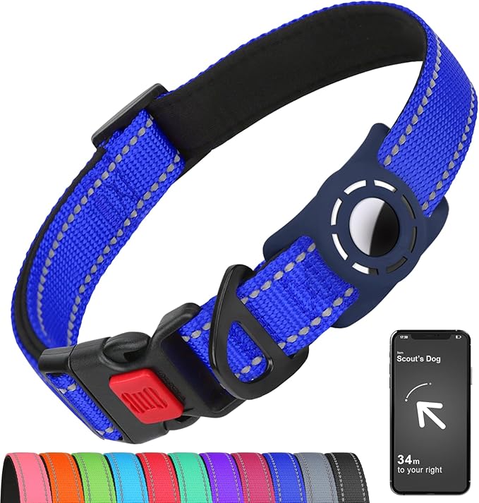 Airtag Dog Collar with AirTag Holder for Large Dogs, Reflective, Soft Padded & Safety Locking Buckle, Nylon Pet Collars Adjustable for All Breeds, NavyBlue,XL