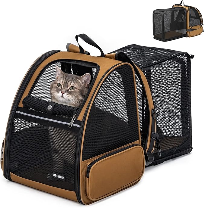 Cat Backpack，Expandable Cat Carrier Backpack, Dog Backpack Carrier and Pet Carrier Backpack, Suitable for Cats, Dogs Kitten or Small Dogs, Travel Friendly Puppy Cats Bag (Brown)
