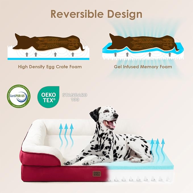 EHEYCIGA Orthopedic XL Dog Beds, Waterproof Memory Foam Dog Bed for Extra Large Dogs, Non-Slip Bottom and Egg-Crate Foam Big Pet Couch Bed with Washable Removable Cover,Red