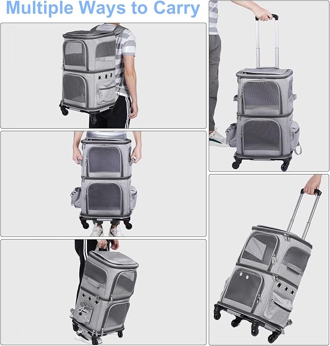 Extra Large Double-Compartment Pet Carrier Backpack with Wheels for Small Dogs and Cats, Cat Rolling Carrier for 2 Cats, Perfect for Traveling/Taking a Walk/Trips to The Vet, Grey