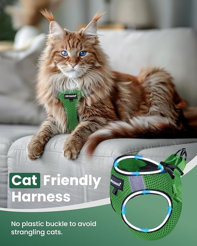 FAYOGOO Cat Harness, Escape Proof, Ultra-Light & Comfortable, Reflective Night Safety, Neon Green, Medium