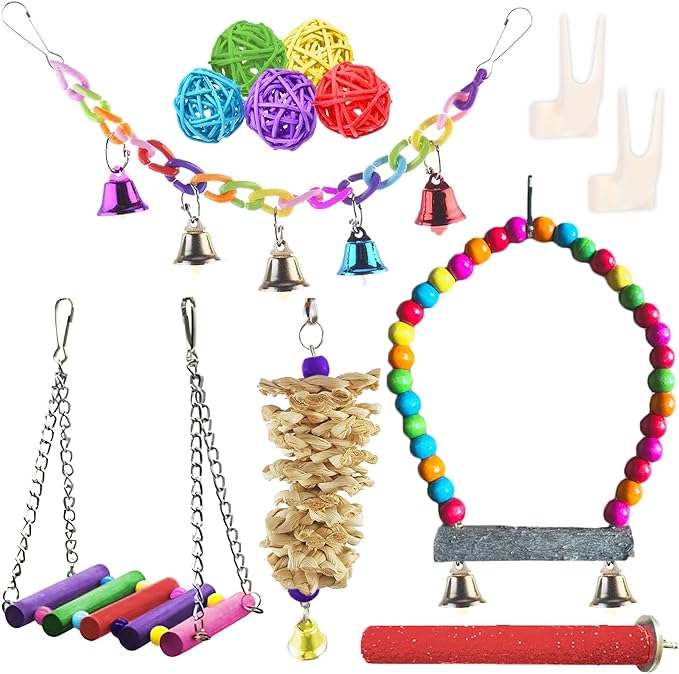 SunGrow Parrot Swing and Perch Bundle, Keep Birds from Hatching Plans for World Domination with Joyful Colorful Items for Love Birds, Conures, Cockatiels, Finches, Parakeets, 12 Pieces