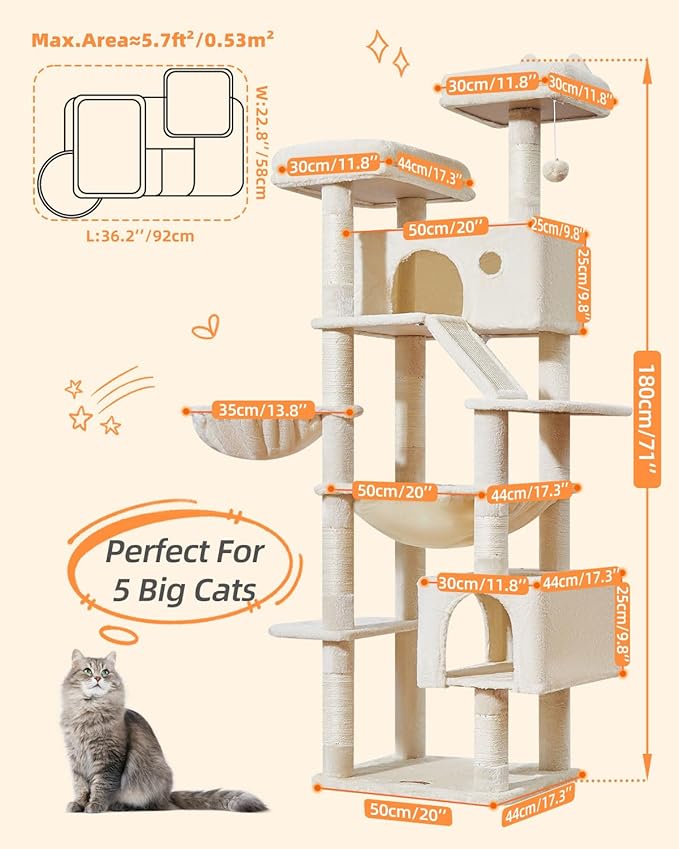 Taoqimiao Cat Tree 71-Inch, Cat Tower for Indoor Cats Large Adult, Multi-Level Large Cat Condo, 8 Sisal Scratching Posts, Metal Frame Cozy Hammock, Scratch Board, 2 Top Perches, Beige MS026LM