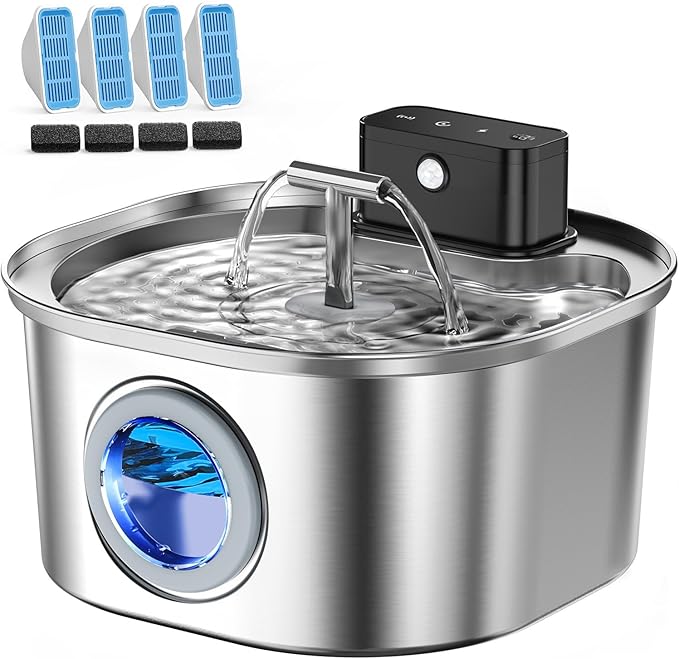 Voluas Cat Water Fountain Stainless Steel: 108oz/3.2L Wireless Cat Fountain Battery Operated for Drinking Indoor, Cordless Automatic Pet Water Dispenser Bowl with Water Level Window, BPA-Free