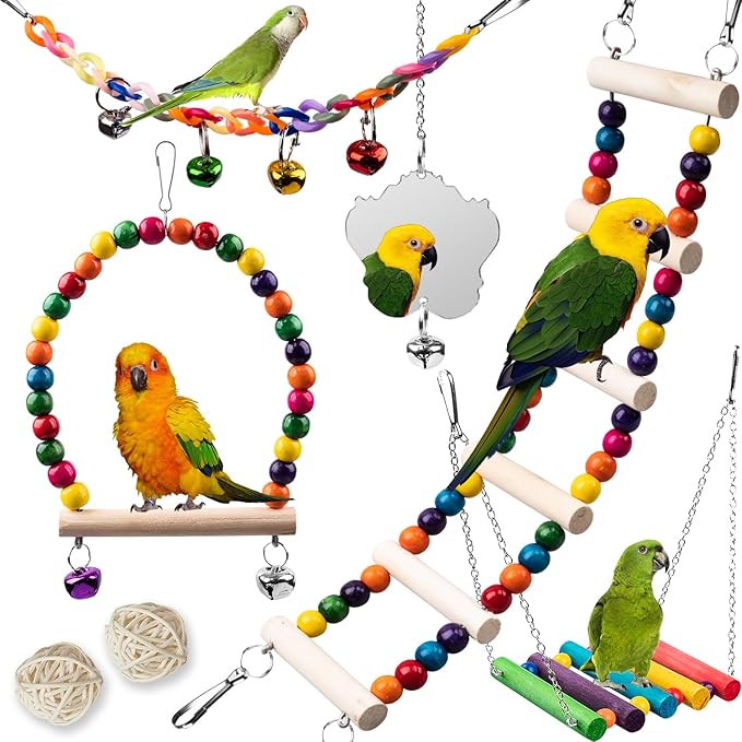 Bird Toys for Parakeets 7Pcs, Wood Parrots Budgie Cage Accessories, Bird Perch Swings for Small Conure Cockatiel Toys, Bird Ladder Swing for Parakeets Climbing 18''