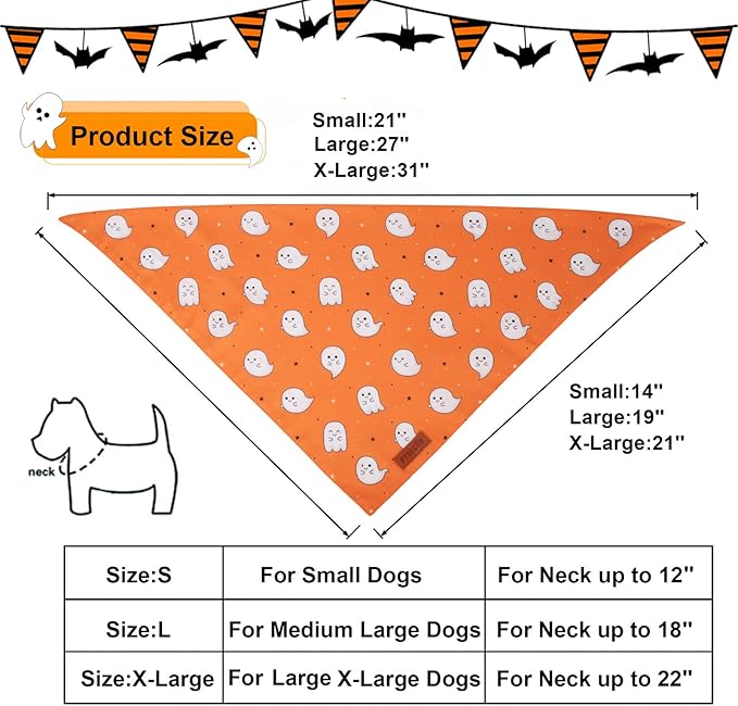 PTDECOR Halloween Dog Bandana, Cute Ghost Pumpkin Design Reversible Holiday Pet Scarf, Adjustable Orange Yellow Halloween Bandanas for X-Large Dogs Pets(X-Large)