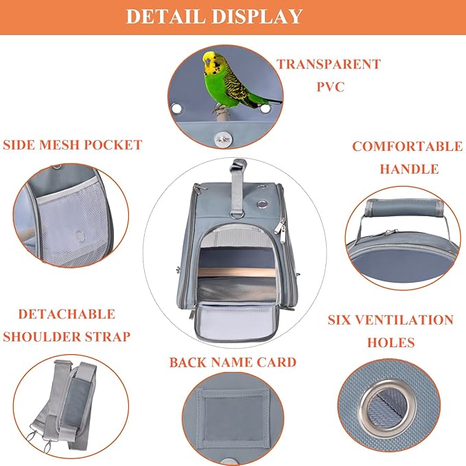 Bird Carrier Travel Cage with Stand (with Tray), Small Bird Travel Carrier for Parrot, Small Bird Cage for Travel Parakeet Carrier with Shoulder Strap, Side Access Window (Blue)