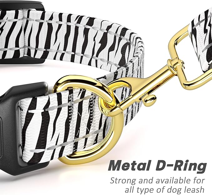 Reflective Dog Collar for Large Dogs, Cute Boho Adjustable Heavy-Duty Nylon Puppy Collar for Boy and Girl Female, Soft Pet Accessories with Quick Release Buckle, Stylish Zebra Print