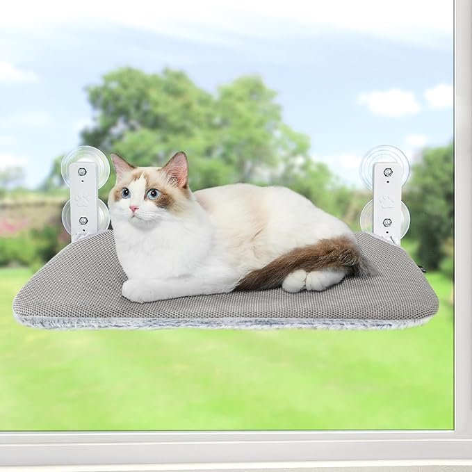 Sunhoo Cat Window Hammock Perch Cordless Perches Window Sill Seat Bed Foldable Stable Lounger Upgraded Suction Cup Easy Assembly Indoor Cats Kitty Shelf Hold Up to 55lbs (Light Gray, S)