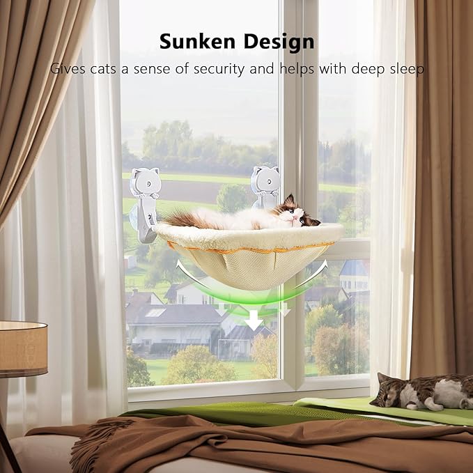 Cat Window Perch Cordless, Foldable & Stable Cat Beds- Breathable Cat Window Hammock for Overlooking, Sunbathing and Climbing - Maximum Hold Up to 40lb(Cream)