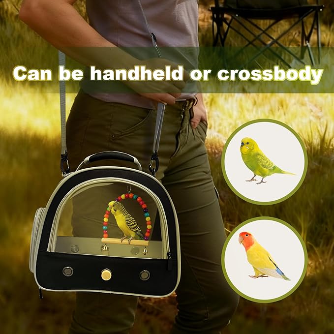 Portable Parrot Travel Cage Carrier with Small Swing Toy&Cage Colorful Toys Set Small Bird Parakeet Bag with Standing Perch Bird Carry Transport Bag (Black, Carreir/Swing)