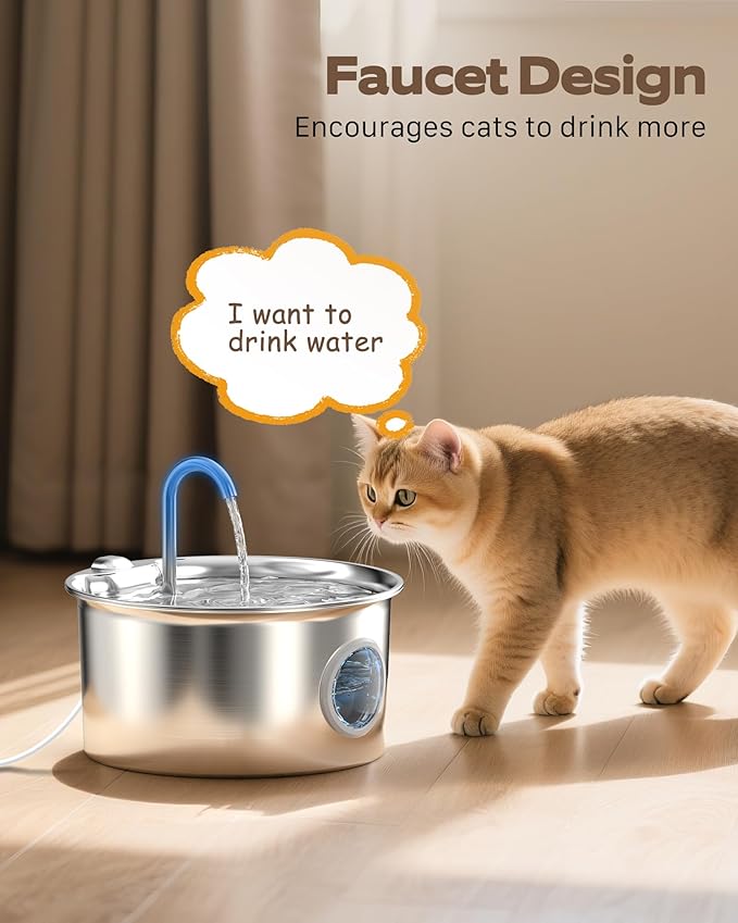 Stainless Steel Cat Water Fountain: Cat Fountain with 6 Filters + 3 Sponges - 88oz/2.6L Pet Water Fountain for Cats Inside - Silent Cats Water Bowl Dispenser - ATMZIQXR Kitty Drinking Fountains