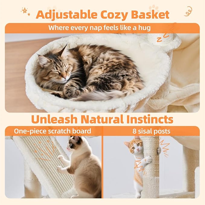 Taoqimiao Cat Tree 71-Inch, Cat Tower for Indoor Cats Large Adult, Multi-Level Large Cat Condo, 8 Sisal Scratching Posts, Metal Frame Cozy Hammock, Scratch Board, 2 Top Perches, Beige MS026LM