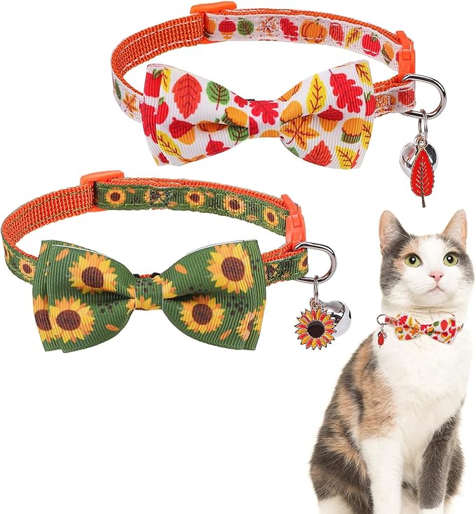 SCENEREAL Fall Cat Collar Breakaway with Bell and Bowtie, 2 Pack Cute Holiday Cat Collars, Adjustable Kitten Collar, Safety Buckle Collar for Girls Boys Cats Dogs Pets, White Green