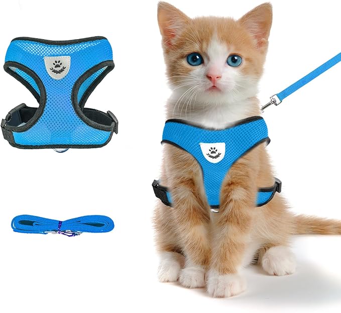shudyear Summer cat Chest Harness and Leash, Anti-Escape Adjustable Soft mesh cat Leash and Chest Harness Set for All Types of Cats cat Vests (Size S, Sky Blue)