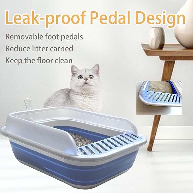 Collapsible Kitten Litter Box, Open Small Cat Litter Box with High Side Shallow Kitten Litter Pan Anti-Splashing Waterproof Low Entry Travel Litter Pan with Falling Sand Pedal