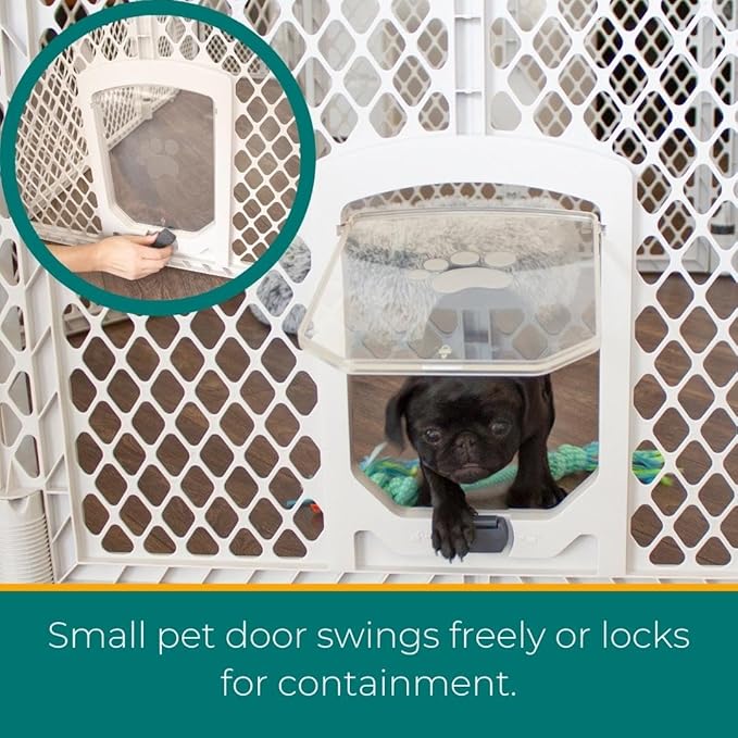 MyPet North States Petyard Passage: 6-Panel Dog Playpen or Dog Fence, Wall Mount Kit Included. Free Standing Play Pen 5.5 ft Corner to Corner, Lockable Pet Door. Made in USA. 26" Tall, Light Gray