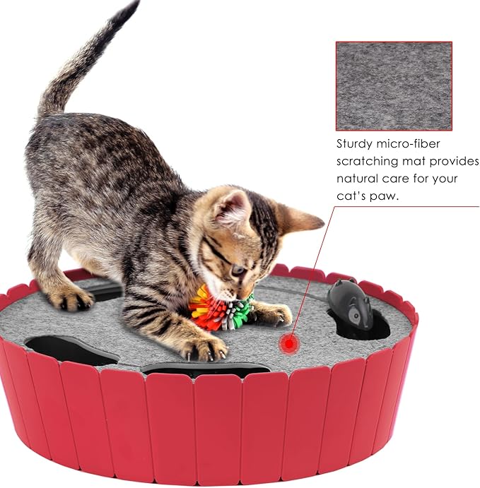 Pawaboo Interactive Cat Toy with Running Mouse, Electronic Motion Cat Toy Automatic Teaser for Indoor Cats, Pop and Play Hide Seek Cats Toys Hunting Mouse for Pet Cats Kitten Play Fun Exercise, Red