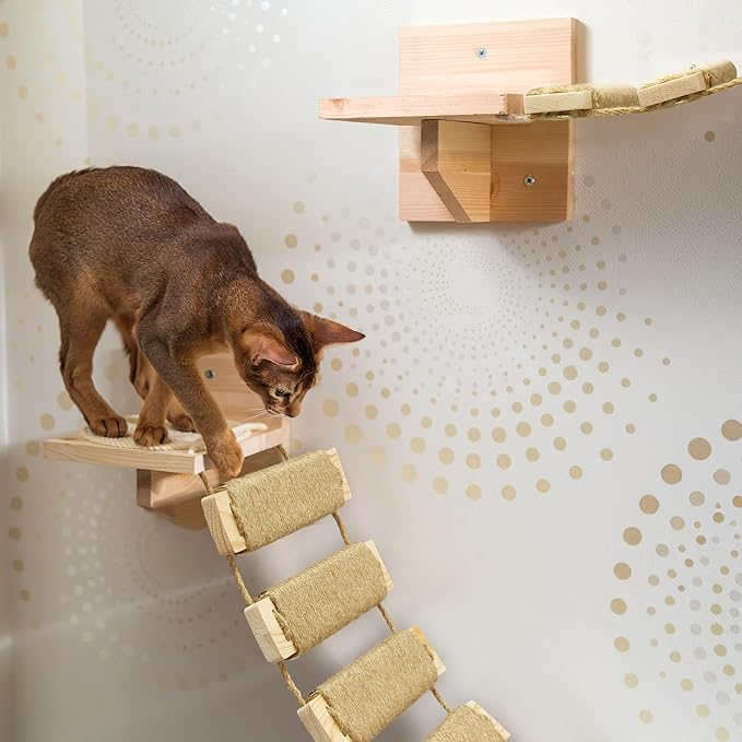 Multi-Functional Cat Ladder & Bridge - Sisal Rope Climbing Frame Wall Furniture for Indoor/Outdoor Cats, Cage Accessories, Parrots, Small Pets (Wood Tone)