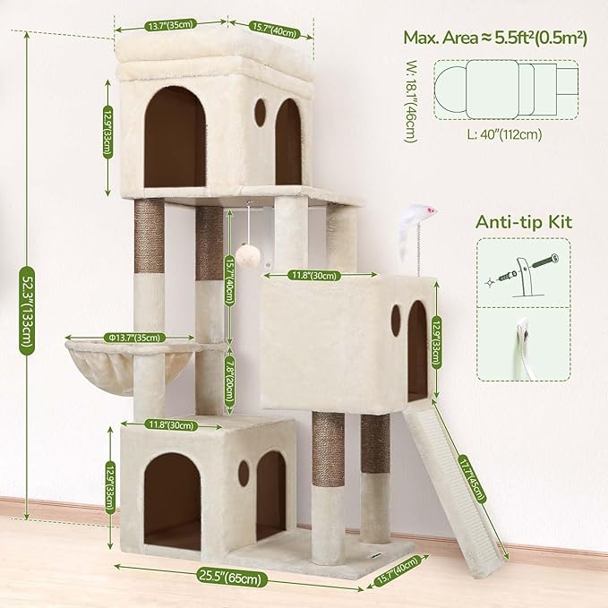 Globlazer Cat Tower for Multiple Indoor Cats, 52 inch Heavy Duty Cat Tree with 3 Condos, Plush Cat Condo with Scratching Posts and Pad for Adult Cats Kitten, Padded Top Perch, Basket Bed, F52B, Beige