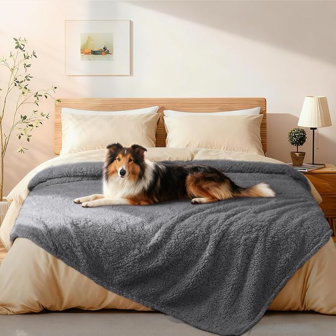 Luciphia Waterproof Pet Blanket for Medium Large Dogs Soft Cat Sherpa Calming Thick Cover Leakproof Cozy Puppy Sofa Bed Car Couch Protector(Grey,80x63 inches)