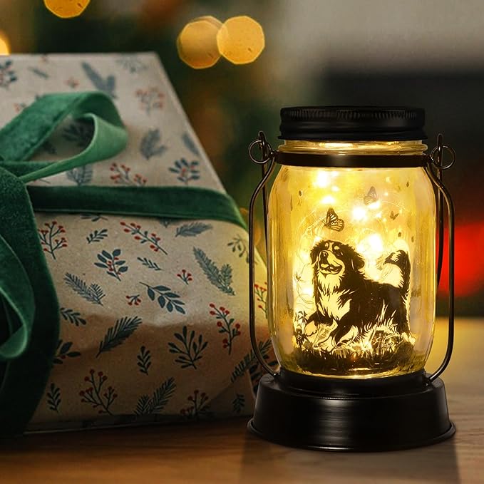 Bernese Mountain Dog Gifts for Women/Men Bernese Mountain Solar Lanterns Birthday Dog Lovers Lantern Pet loss Dog Memorial Lights Solar Garden Decoration for Yard, Patio,Backyard,Porch Torches Light