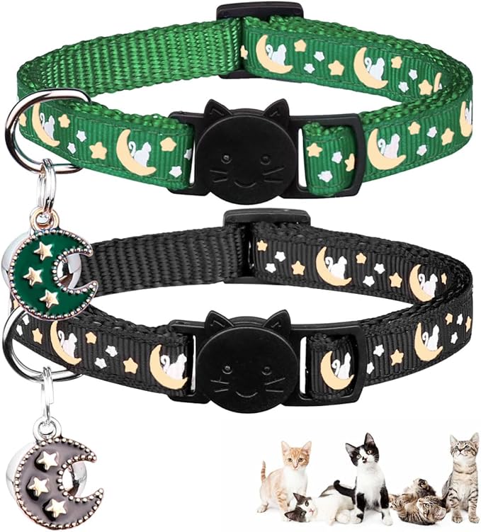 2Pcs Breakaway Cats Collars Cat Collars for Boy & Girl Cats Adjustable Kitten Collars with Bell,Black+Emerald