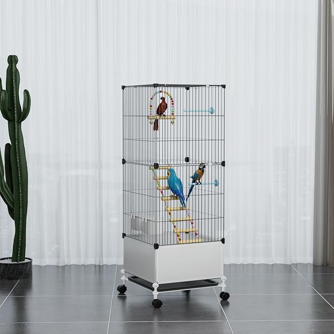 Medium Flight Bird Cage, Black Parakeet Cages with Rolling Stand & Wheels, Wide Birdcage for Parrots Cockatiels Conure Budgie Canary Finch Lovebird
