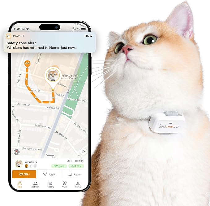 Pawfit Lite for Cats 4g GPS Tracker | Ultra-Small (<18g) Design | Real-Time Tracking | Activity Monitoring | Location History | Unlimited Range | Safety Collar Included | Simply White