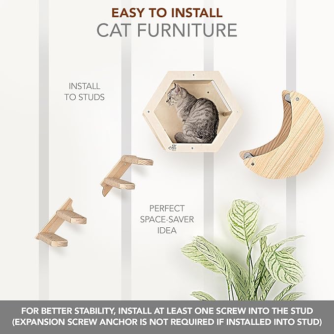 3-Piece Cat Wall Furniture Set - Hammock, Hexagon House, Climbing Steps - Wall Mounted Shelves, Perches, and Beds - Modern Design for Large Cats and Kittens & Spare Hammock Fabric Included