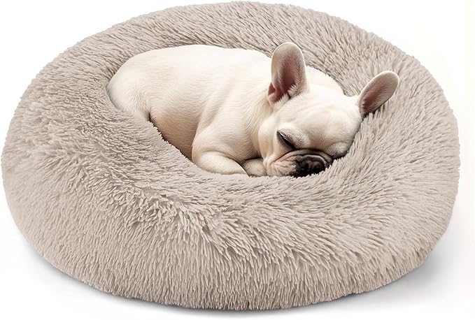 Dogs Bed for Small Dogs, Anti-Anxiety Washable Round Bed (Brown, 24.0" L x 24.0" W x 8.0" Th)