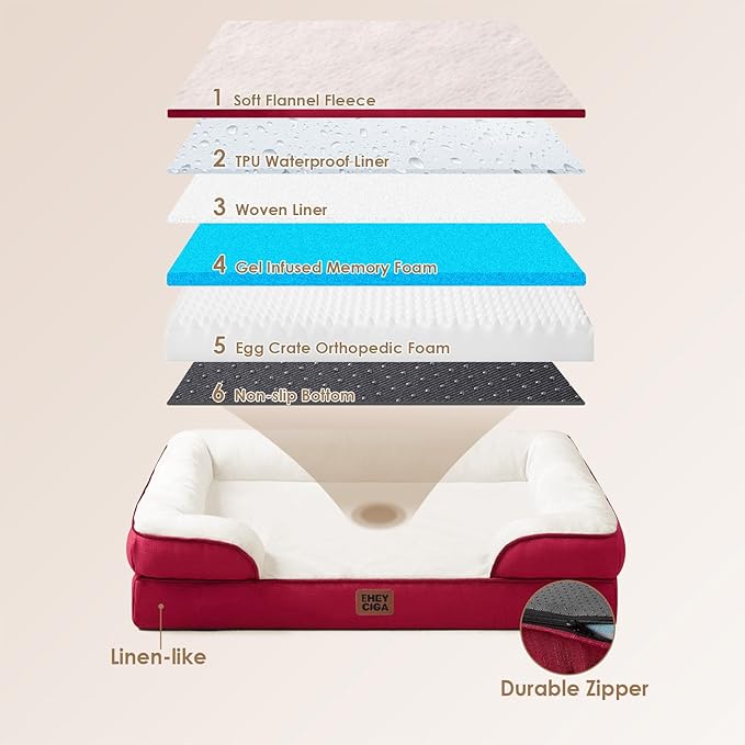 EHEYCIGA Orthopedic XL Dog Beds, Waterproof Memory Foam Dog Bed for Extra Large Dogs, Non-Slip Bottom and Egg-Crate Foam Big Pet Couch Bed with Washable Removable Cover,Red