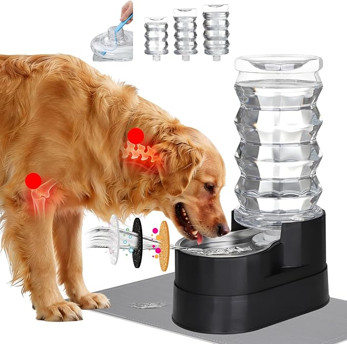 RIZZARI Large Water Dispenser for Dogs: 8L Black Raised Gravity Auto-Refill Waterer with Stainless Steel Bowl - Leak-Resistant & Easy Cleaning - Less Bending for Senior Dogs - Garage & Garden