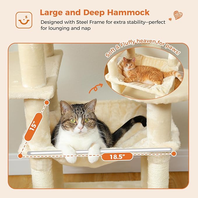 Cat Tree for Indoor Cats, 64.5" Tall Cat Tower with 2 Cozy Condos, Scratching Posts, Large Hammock and Dual Padded Perches, Multi-Level Activity Center for Large Cats, Beige
