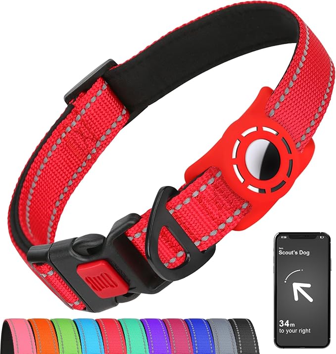 Airtag Dog Collar with AirTag Holder for Puppy Small Dogs, Reflective, Soft Padded & Safety Locking Buckle, Nylon Pet Collars Adjustable for All Breeds, Red,XS