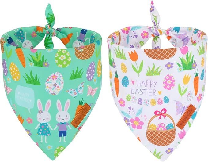PTDECOR Easter Dog Bandana, Reversible Rabbit Easter Egg Dog Scarf, Multi Size, White Green Bandanas for Medium Large Dogs Pets (White&Green, Large)
