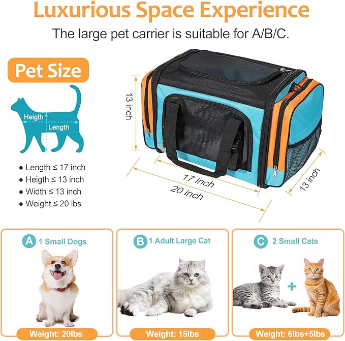 Discala Large Cat Carrier, Pet Carrier, Dog Carrier for Small Dogs, Cat Carrier Soft, Collapsible Large Pet Carrier for Traveling Indoor and Outdoor Uses - Blue 20"x13"x13"