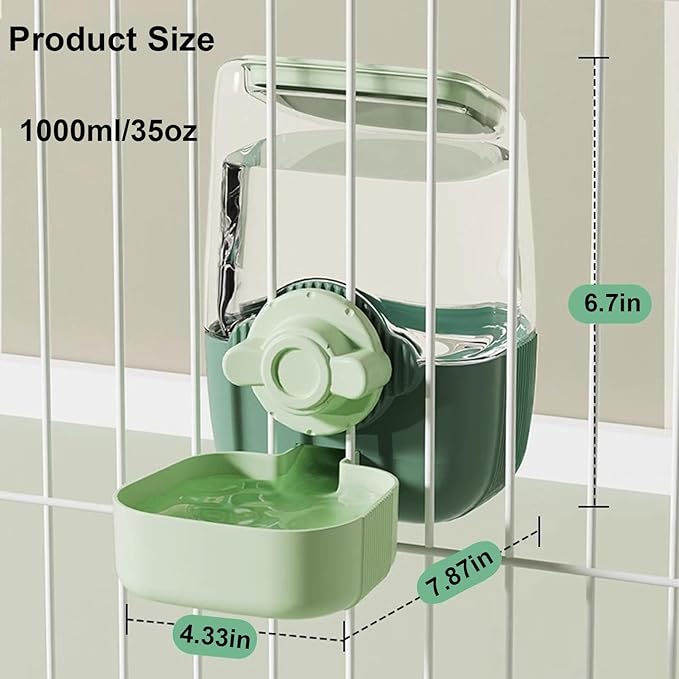 35oz Rabbit Water Bottle, Pet Hanging Automatic Water Dispenser for Small Animal Ferret Guinea Pig Chinchilla Dog Cat (Cage Grid Spacing 1.1''-2.1'') (Green)